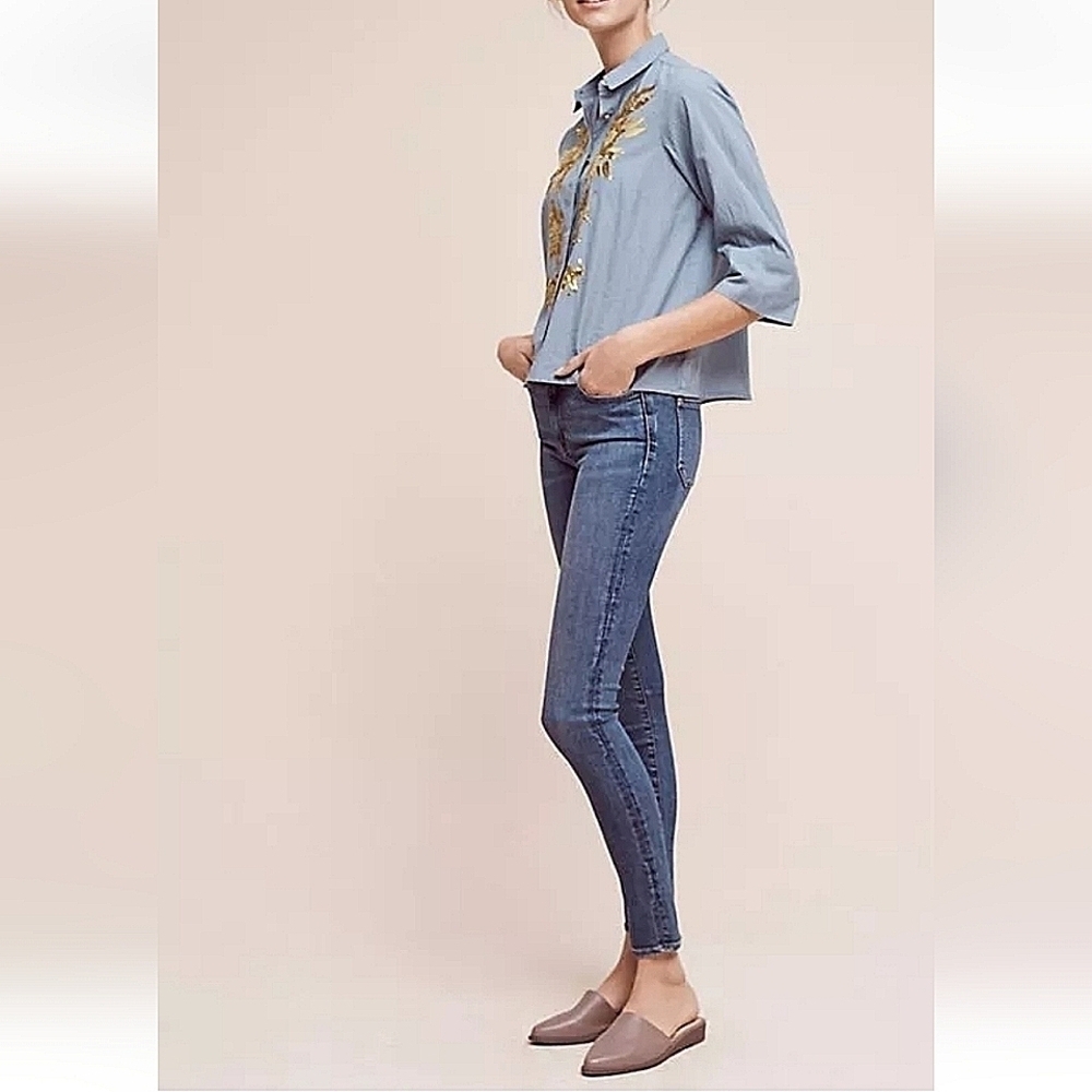 Anthropologie Maeve Gold Sequin Poplin Buttondown Blouse Blue Stripe-Size 2 - Picture 4 of 17